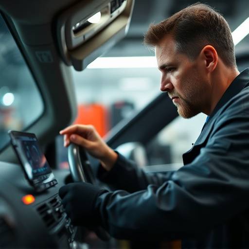 A close-up of a technician using a diagnostic tool on a car's computer system inside AutoPro Mechanics.