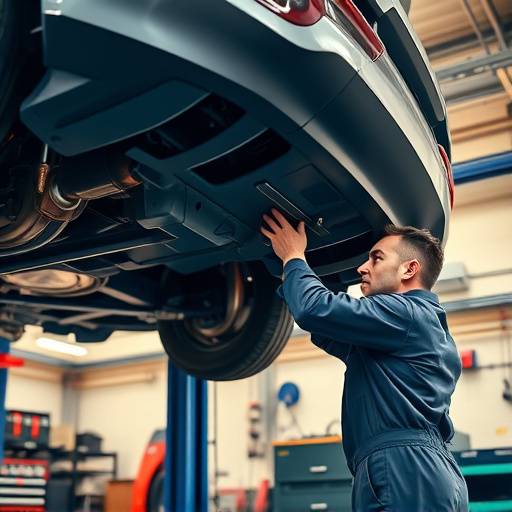 A mechanic inspecting the undercarriage of a vehicle in the AutoPro Mechanics workshop.