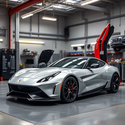 A sleek modern sports car undergoing routine maintenance at AutoPro Mechanics.