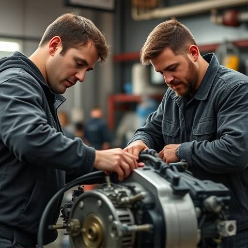 Technicians collaborating and discussing a complex engine repair strategy at AutoPro Mechanics.